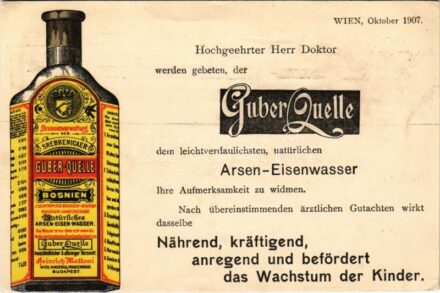 1907 Brunnenverwaltung der Srebrenicaer Guber Quelle Bosnien, Arsen-Eisenwasser. Heinrich Mattoni / Bosnyák arzénos vasas ásványvíz reklám / Bosnian arsenic iron mineral water advertisement (EK)