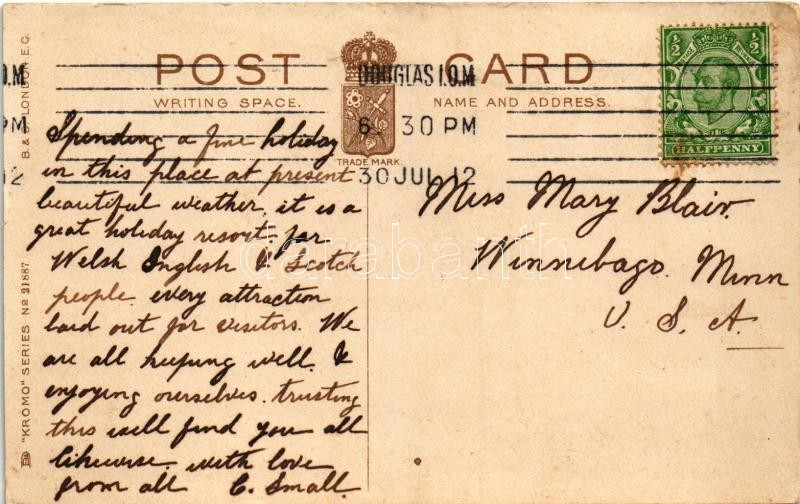 Douglas (Isle of Man), Promenade, tram, horse-drawn trams, Villiers Hotel and Buffet. Kromo Series No. 21887. (EK) - Image 2