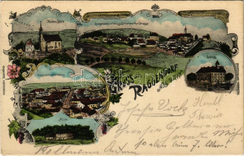 1938 Raggendorf, Kirche und Schule, Warthberg, Mühle, Schloss, Gross-Schweinbarther Strasse / church, school, mill, castle, street. Art Nouveau, floral