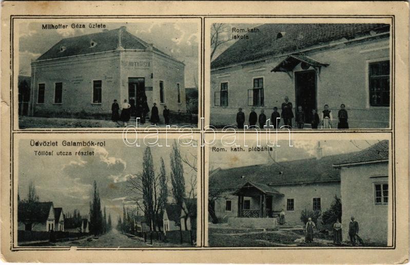 Galambok (Zala), Milhoffer Géza üzlete, Római katolikus iskola és plébánia, Töllösi utca (apró szakadás / tiny tear)