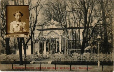 1912 Budapest XIV. A Központi tejcsarnok szövetkezet tejivó csarnoka a Városligetben. Kislány portréja Rákóczi út 40. 133. (fl)