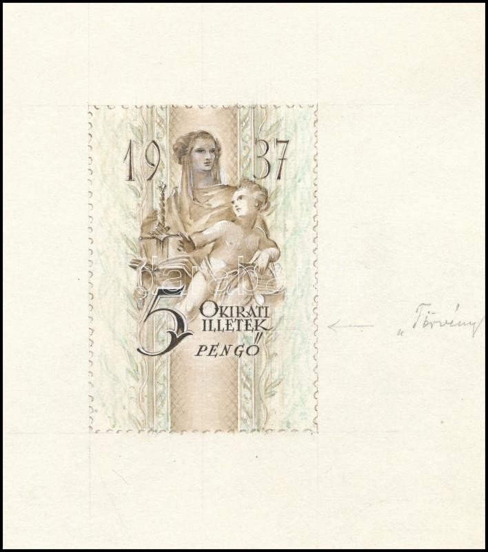 1937 Légrády Sándor grafikusművész szignált okirati illetékbélyeg vázlata / Fiscal stamp essay of S. Légrády, signed