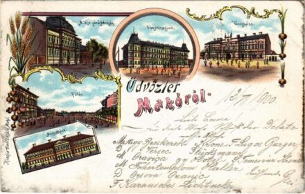 1900 Makó, M. kir. Járásbíróság, Főgimnázium, Városháza, Fő tér, Megyeháza. Gaál László kiadása, Art Nouveau, floral, litho (EB)
