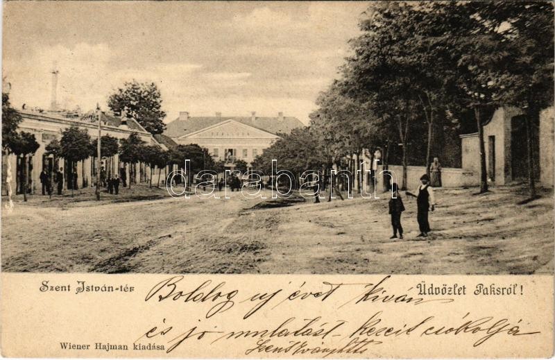 1903 Paks, Szent János tér, Erzsébet szálloda, Bazársor tetején Szent Vendel, Szent Flórián és Nepomuki Szent János szobra. Wiener Hajman kiadása