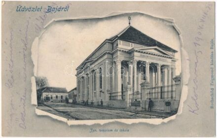 1904 Baja, Izraelita templom és iskola, zsinagóga. Rotschild Zsigmond kiadása, Art Nouveau