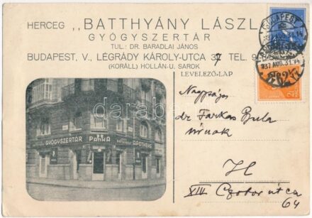 1937 Budapest XIII. Herceg 'Batthyány László' gyógyszertár, patika. Tulajdonos Dr. Baradlai János - Légrády Károly utca 37. (ma Balzac utca), reklám (EK)
