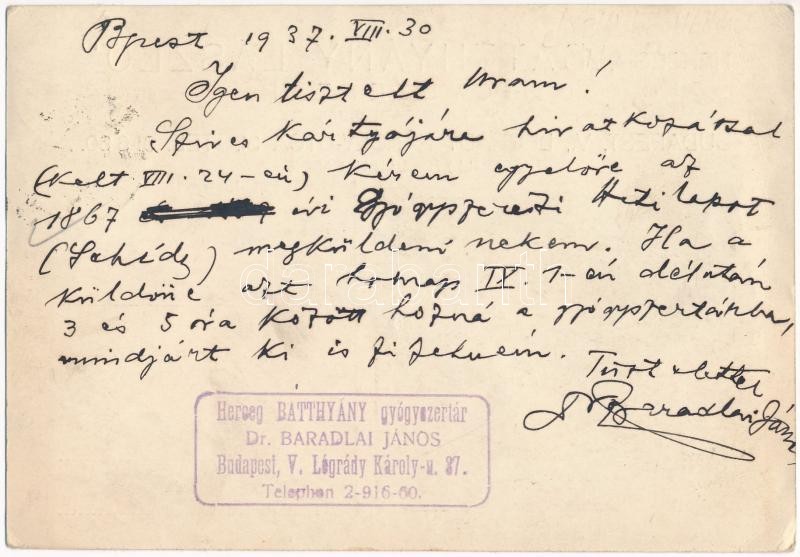 1937 Budapest XIII. Herceg 'Batthyány László' gyógyszertár, patika. Tulajdonos Dr. Baradlai János - Légrády Károly utca 37. (ma Balzac utca), reklám (EK) - Image 2