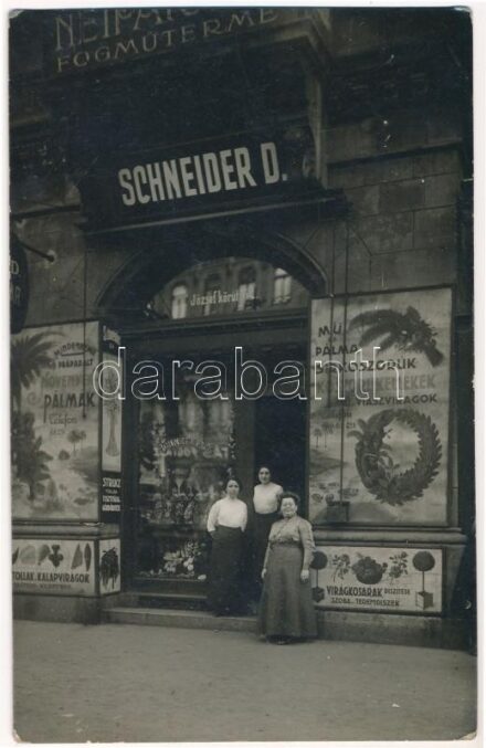 Budapest VIII. Schneider D. Virág üzlete, növények, pálmák, mű és pálma sírkoszorúk, koszorúkellékek, mű és viaszvirágok, virágkosarak, kalapvirágok. József körút 62. photo