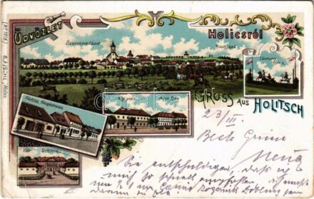 Holics, Holic, Holitsch; Lóverseny, Szarvasvadászat, Régi piac, Fő utca, vár. G. Fischl / horse race, deer hunting, main street, castle. Art Nouveau, floral, litho (fa)