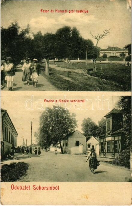 1910 Soborsin, Savarsin; Fasor, Hunyady gróf kastélya, Fő utca, tűzoltó szertár. W.L. Bp. / castle, main street, fire station (EK)