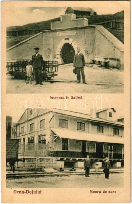 1940 Désakna, Ocna Dejului; Sóbánya, Lajos tárna, iparvasút, csille, sómalom / Intarea in Salina, Moara de sare / salt mine, industrial railway, salt mill + '1940 Dés visszatért' So. Stpl (EK)