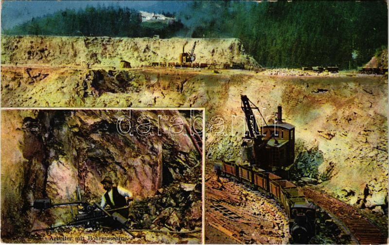 Eisenerz (Steiermark), Erzbergabbau, Arbeiter mit Bohrmaschine / ore mine, industrial railway, mine worker with drilling machine