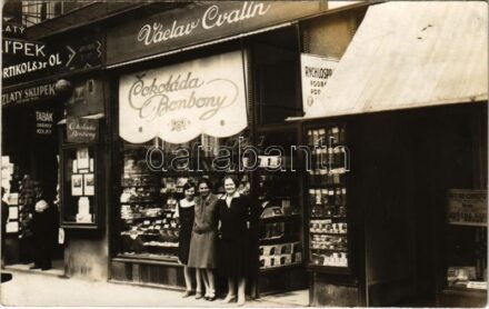 Praha, Prag; Václav Cvalín, Cokoláda Bonbony, Tabák, Známky Kolky, Zlaty Sklipek. Vodickova ulice 7 / chocolate and tobacco shops. photo