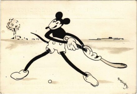 1937 Mickey egér gyeplabda játék közben. Klösz korai Disney képeslap / Mickey Mouse playing field hockey, early Hungarian Disney postcard s: Bisztriczky + '1937 Pannonia Bélyeg Egyesület Bélyegnap' So. Stpl