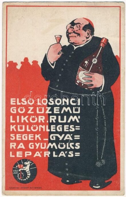1913 Első Losonci Gőzüzemű likőr, rumkülönlegességek gyára, gyümölcslepárlás. Grafikai Intézet rt. reklám / First steam liqueur and rum specialties factory, fruit distillation in Lucenec, advertisement (EK)