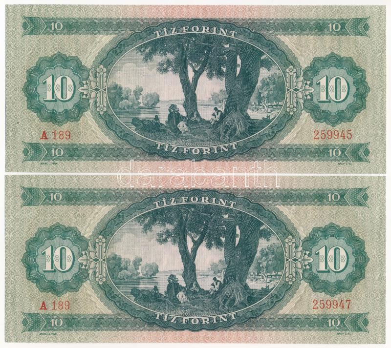 1949. 10Ft (2x) egyugrásos sorszámkövetők 'A 189 259945' és 'A 189 259947' T:I / Hungary 1949. 10 Forint (2x) consecutive serials with one leap 'A 189 259945' and 'A 189 259947' C:UNC Adamo F3 - Image 2