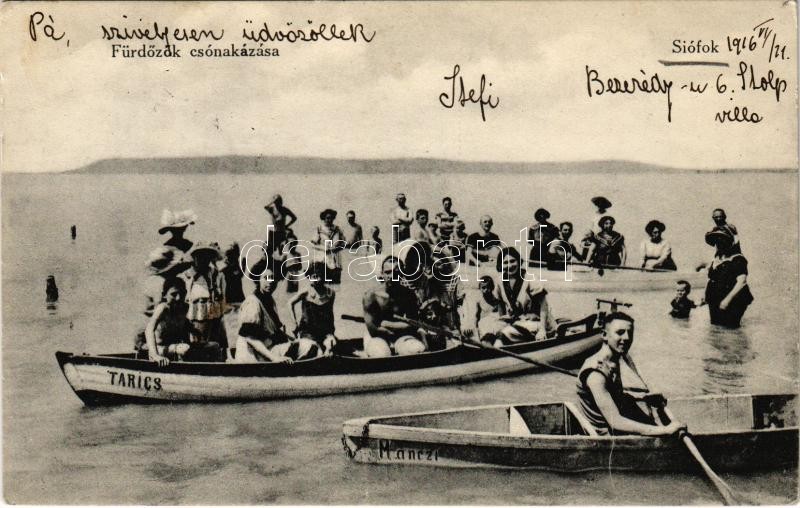 1916 Siófok, fürdőzők csónakázása, 'Tarics' és 'Manczi' csónakok. Elkán Ármin kiadása (fa)