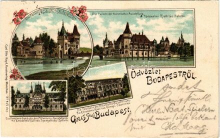 1896 (Vorläufer) Budapest XIV. Városliget, Ezredéves Országos Kiállítás, Történelmi kiállítás palotái, Vajdahunyad vára, az Ezredéves Kiállítás igazgatósági épülete és az ünnepi csarnoka. Carl Otto Hayd Kunstverlags-Anstalt
