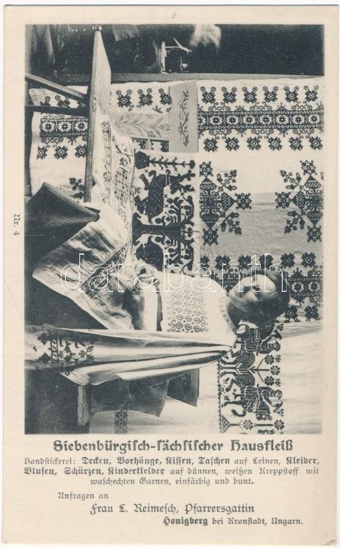 Szászhermány, Honigberg, Harman (Brassó, Kronstadt); Siebenbürgisch-Sächsischer Hausfleiss. Anfragen Frau L. Reimesch, Pfarrersgattin / Erdély-szász házi szorgalom. Jos. Drotleff Nr. 4. / Transylvanian-Saxon folklore