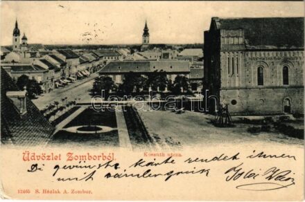 1901 Zombor, Sombor; Kossuth utca, fa harangláb, piac, Karmelita zárdatemplom. S. Házlak A. kiadása / street, wooden belfry, market, nunnery church (EK)