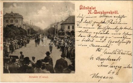 1899 (Vorläufer) Nagybecskerek, Zrenjanin, Veliki Beckerek; Sétatér, Corso, kerékpáros felvonulás. Gresits J. 1066. / bicycle parade (fl)