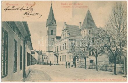1901 Trencsénteplic, Trencianske Teplice; Templom és gyógyszertár, vendéglő. Hans Nachbargauer / Kirche und Apotheke / church, pharmacy, restaurant (EK)