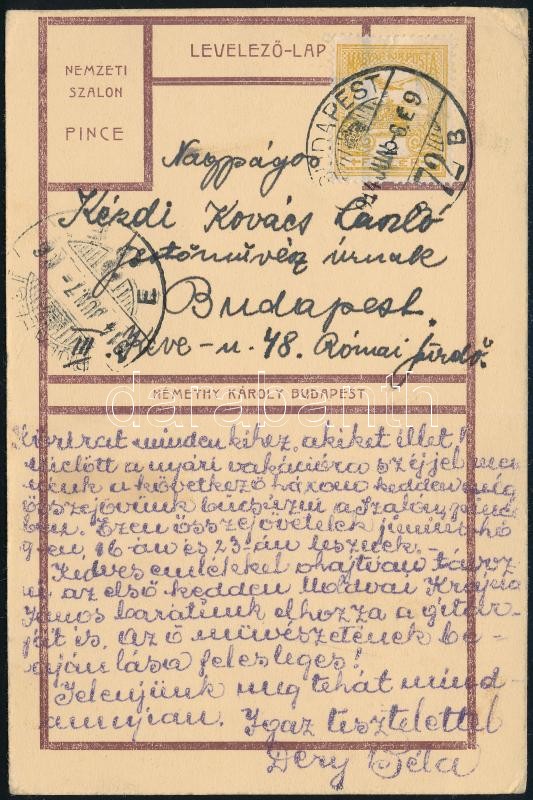 1914 Déry Béla (1870-1932), a Nemzeti Szalon igazgatójának sorai Kézdi Kovács László (1864-1942) festő, újságíró, a Pesti Hírlap belső munkatársa részére, amelyben egy olyan összejövetelre hívja, amelyen Moldvai Krajna János