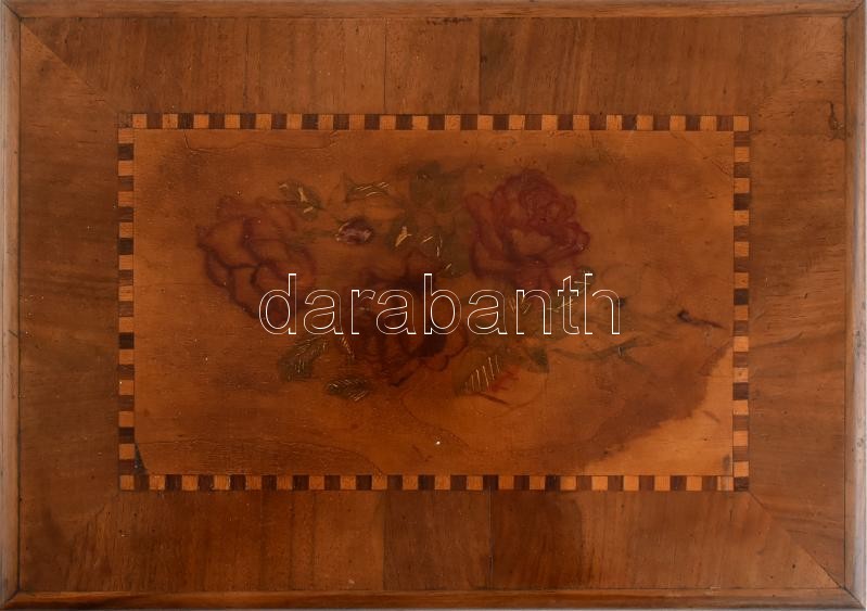 Régi, intarziás, politúrozott fa kazetta / ládika, fedelén rózsás díszítéssel, kulcs nélkül, korának megfelelő állapotban, néhány kisebb repedéssel, 34,5x25x12,5 cm - Image 2