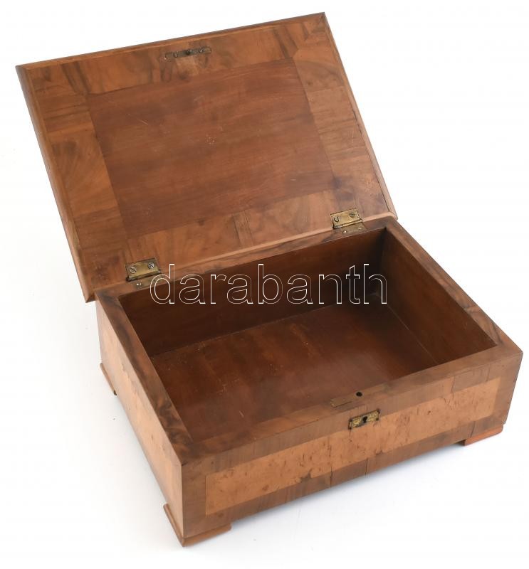 Régi, intarziás, politúrozott fa kazetta / ládika, fedelén rózsás díszítéssel, kulcs nélkül, korának megfelelő állapotban, néhány kisebb repedéssel, 34,5x25x12,5 cm - Image 3