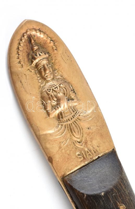 Tálaló villa, réz, szaru berakással, Buddha Mucalinda ábrázolással, jelzett: Siam, kopásnyomokkal, h:23,5cm - Image 2