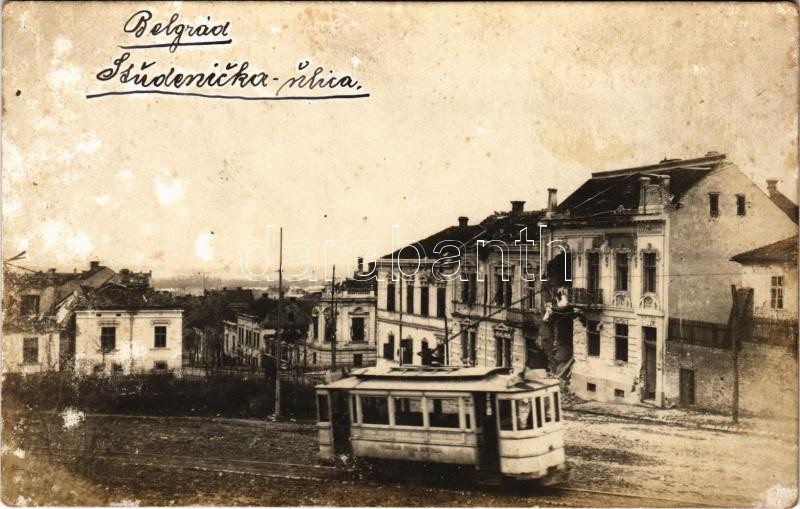 Belgrade, Belgrád; Studenicka ulica / street, tram, WWI destroyed buildings. photo (fl)