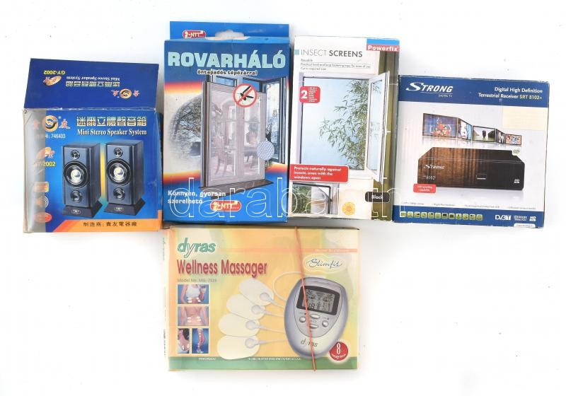 Digitális HD TV beltéri egység + sztereó hangfal pár 3.5 mm jack csatlakozóval + masszás készülék + 2 db szúnyogháló, eredeti dobozukban