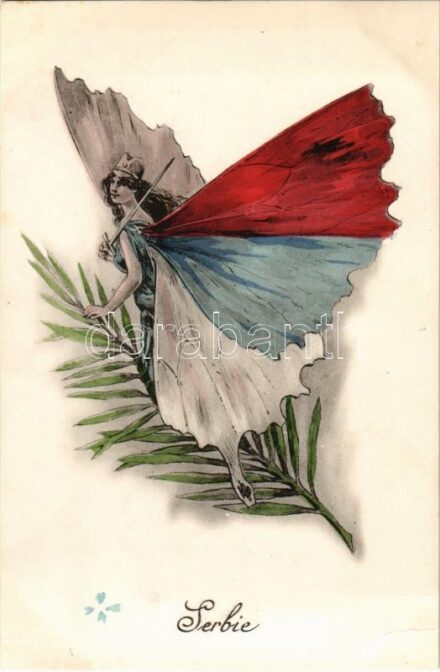 Serbie. Editions 'Aux Alliés' Paris, Helio L. Géligné No. 24. / Allies of World War I (Entente Powers): Serbia. Art Nouveau butterfly lady / Antanthatalmak az első világháborúban: Szerbia. Szecessziós pillangó hölgy (EK)