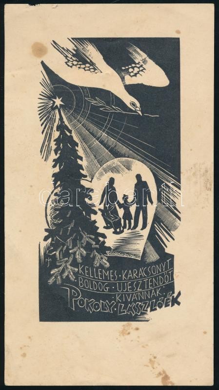 cca 1939-1940 Menyhárt József (1901-1976): 3 db alkalmi kisgrafika (karácsony, újév, gyermek születése), foltos állapotban, 13x11 cm és 18,5x10 cm között - Image 2
