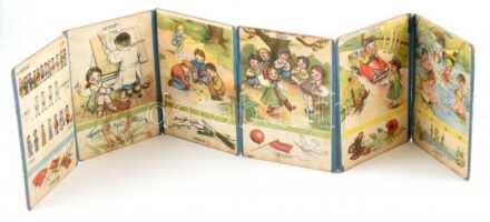 cca 1950-1960 Mi is dolgozunk, leporellószerű képeskönyv gyerekeknek, kommunista propaganda, kopott, helyenként foltos, viseltes állapotban