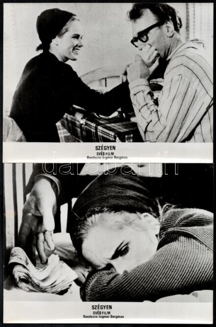 1968 Ingmar Bergman: Szégyen című svéd filmjének jelenetei és szereplői, 13 db vintage produkciós filmfotó, ezüstzselatinos fotópapíron, kisebb hibákkal,18x24 cm