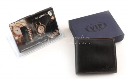 Férfi pénztárca, újszerű állapotban, dobozában + női karóra és karkötő szett, bontatlan csomagolásban