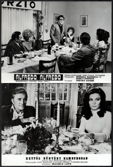 ,,Terülj, terülj asztalkám', 11 külföldi film egy-egy asztal melletti jelenete és szereplői (köztük Kirk Douglas, Dustin Hoffman), 11 db vintage produkciós filmfotó, ezüstzselatinos fotópapíron, 18x24 cm