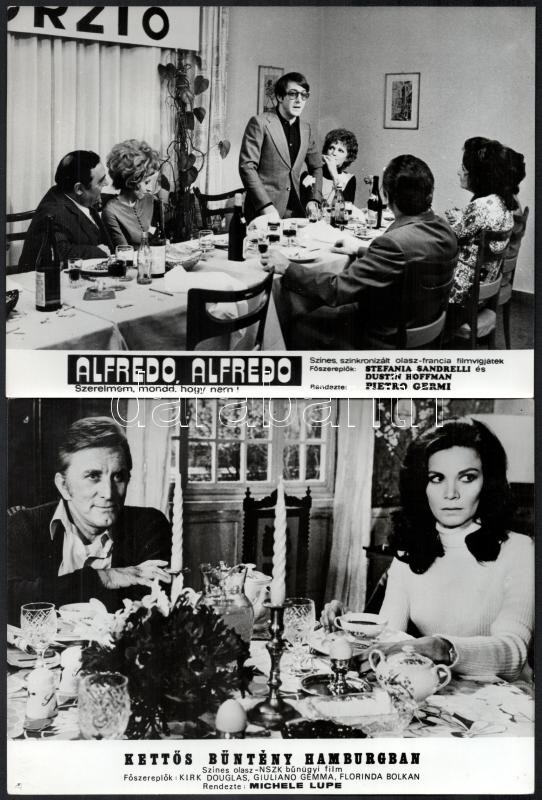 ,,Terülj, terülj asztalkám', 11 külföldi film egy-egy asztal melletti jelenete és szereplői (köztük Kirk Douglas, Dustin Hoffman), 11 db vintage produkciós filmfotó, ezüstzselatinos fotópapíron, 18x24 cm