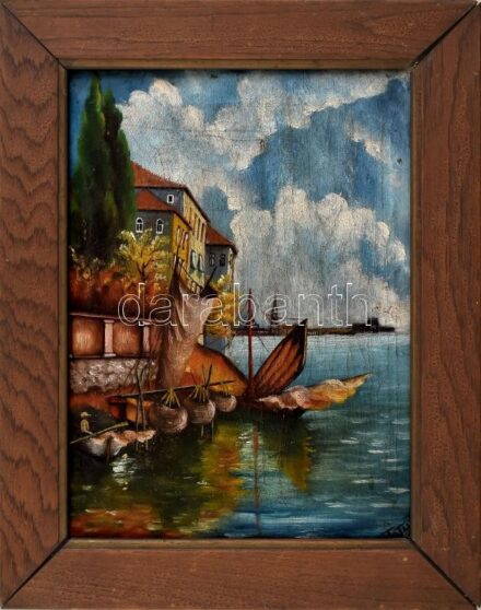Tóth jelzéssel: Tengerpart hajókkal. Olaj, vászon, sérült, sérült fakeretben, 35,5x27,5cm