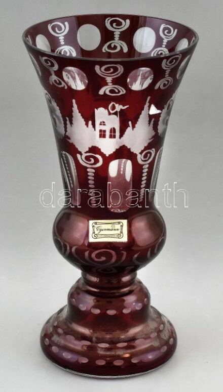 Egermann díszváza, szelén pácolt, csiszolt üveg, etikettel jelzett, hibátlan, m: 20,5cm