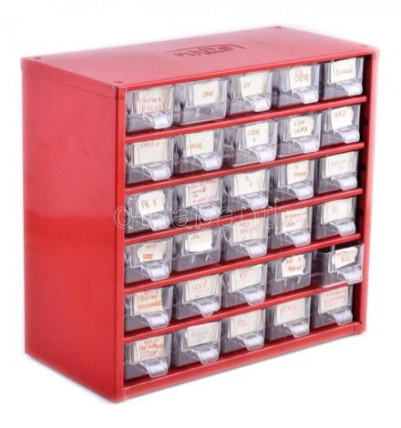 'MARS' fém házas, műanyag fiókos szerelvénytartó, összesen 25 darab fiókkal (három különböző méretben). Használt, jó állapotban (~23,7x30,5x14,5cm)