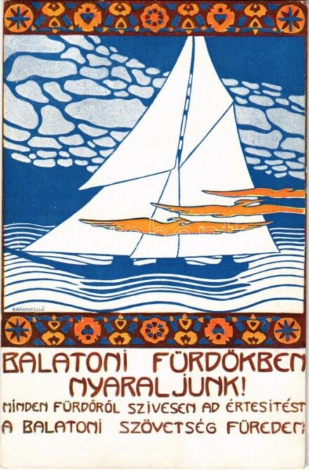 Balaton. Balatoni fürdőkben nyaraljunk! Minden fürdőről szívesen ad értesítést a Balatoni Szövetség, magyar turisztikai reklámlap / Hungarian tourist advertisement s: Bárányfelhő