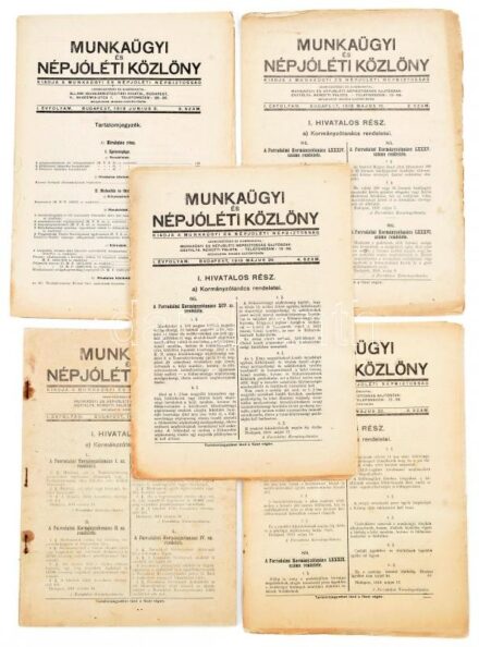 1919 Munkaügyi és népjóléti közlöny, I. évf. 1-5. sz. Bp., 1919. máj. 8.-jún. 5., kiadja a Munkaügyi és Népjóléti Népbiztosság (Athenaeum-ny.). A Magyar Tanácsköztársaság idejéből, benne a Forradalmi Kormányzótanács