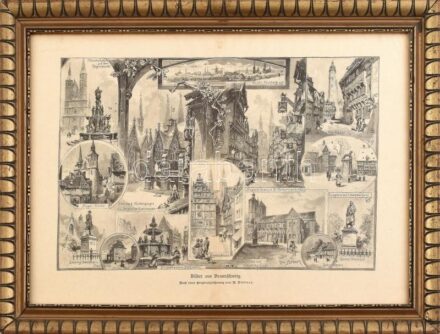 Richard Püttner (1842-1913) : Képek Braunschweigból (Bilder aus Braunschweig). Rotációs fametszet, papír, jelzett a metszeten. Dekoratív, üvegezett fakeretben. 23x36 cm