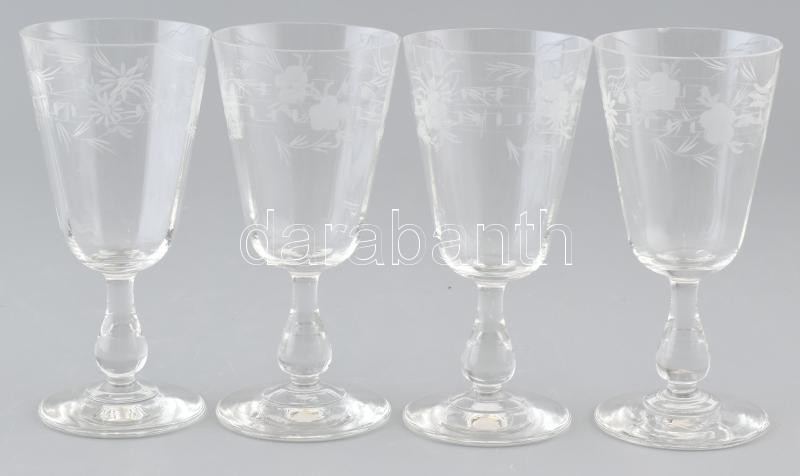 4 db talpas borospohár, csiszolt üveg, kopásnyomokkal, egyiken apró lepattanás, m:14cm