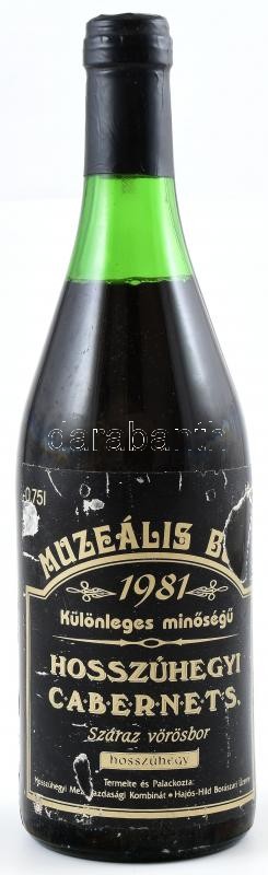 1981 Hosszúhegyi Cabernet Sauvignon 1981, muzeális bor, hajós-bajai borvidék, szakszerűen tárolt bontatlan palack vörösbor, kopott, sérült címkével, 0,75l.
