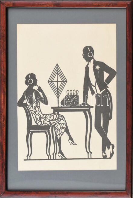 Rádiót hallgató art deco pár. Nyomat, papír. Dekoratív, üvegezett fakeretben. 35x27 cm