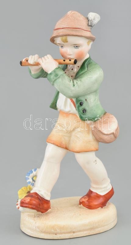 Sitzenberg kisfiú furulyával, mázas kerámia, kézzel festett, jelzett, mázrepedésekkel, m: 17 cm