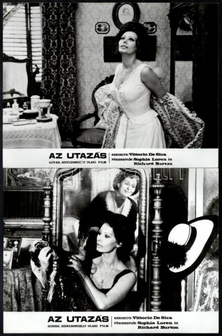 1974 Sophia Loren (1934) többszörös Oscar-díjas és Golden Globe-díjas olasz színésznő ,,Az utazás' című film jeleneteiben, 7 db vintage produkciós filmfotó, ezüstzselatinos fotópapíron, 18x24 cm